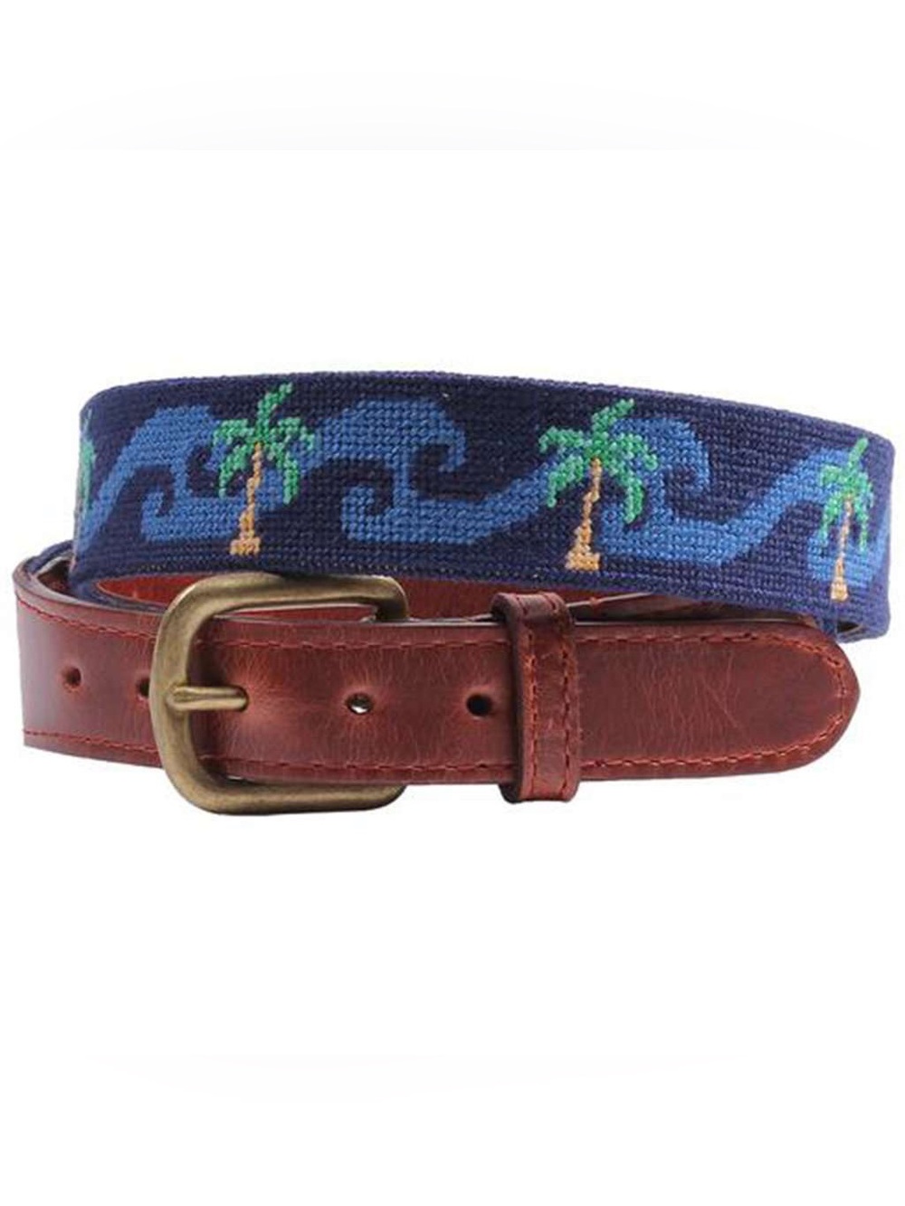 Smathers & Branson Waving Palms Needlepoint Belt in Dark Navy Brown Leather 32